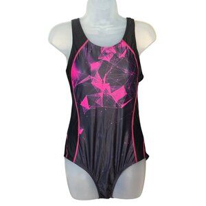 Charmo Womens One-Piece Athletic Swimsuit Med UPF 50+ Pink Geometric Design